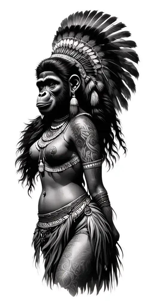Indian female worrior with a gorrila on her head tattoo design idea