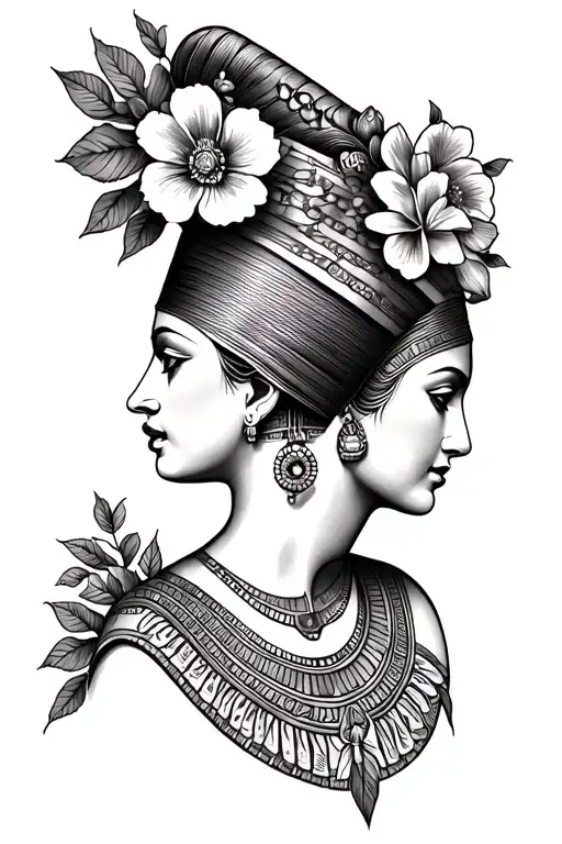 black queen Nefertiti of flowers tattoo design idea