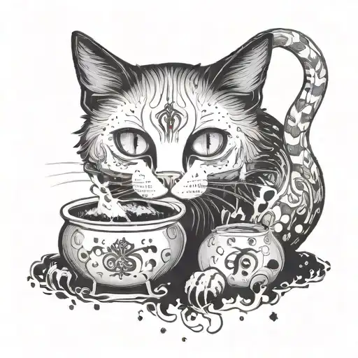 a black cat that is very white with a third eye, a witch's cauldron with smoke and paw prints tattoo design idea