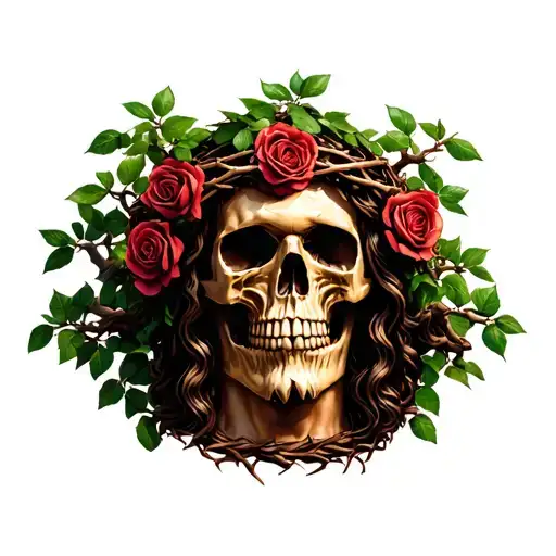 "Hail To The King" skull wearing jesus' crown of thorns with roses intertwined with a large bonsai tree behind the skull tattoo design idea