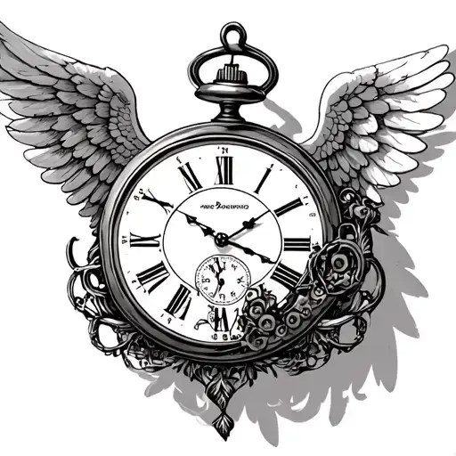 disassembled pocket clock which lies in front of hanging angel wings tattoo design idea