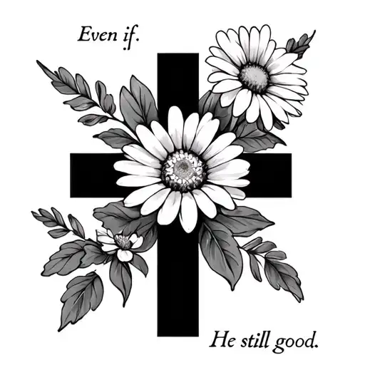 "Even if. He is still good." Forget Me Not Flower and Daisy on a cross tattoo design idea