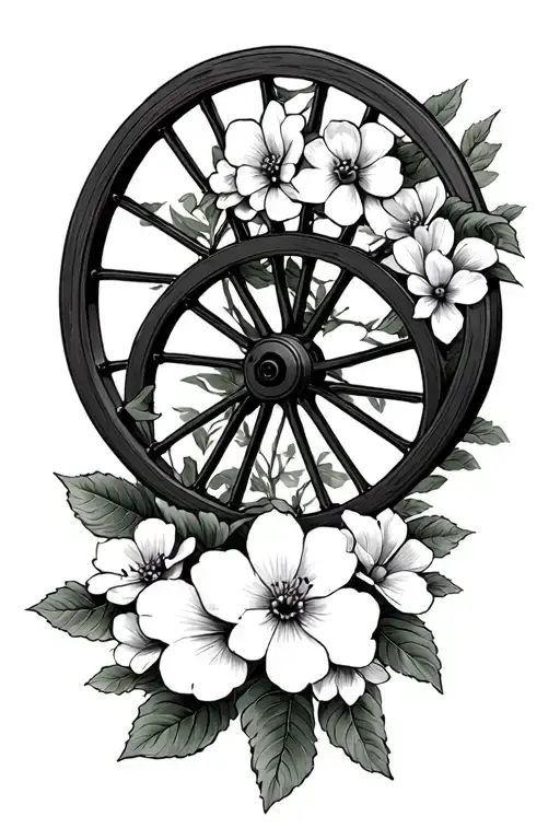 wagon wheel with dogwood flowers tattoo design idea