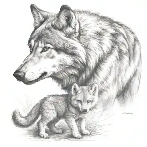 wolf protecting cub playing tattoo design idea