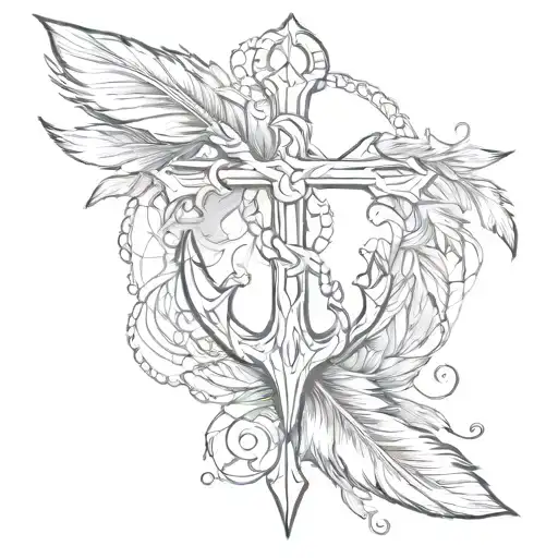 cross and anchor feather transforming tattoo design idea
