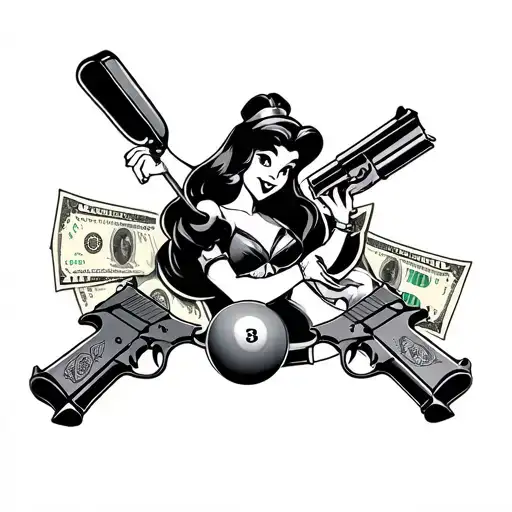 A combination of a pool player, princess from Looney Tunes, and money guns all intertwined in a creative design, with black-grey shading tattoo design idea