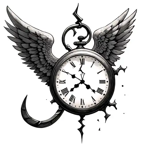 broken clock with a sickle on one side and angel wing on the other tattoo design idea