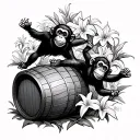 two barrel monkeys falling from a barrel with lily and iris flowers around it tattoo design idea