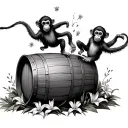 two barrel monkeys falling from a barrel with lily and iris flowers around it tattoo design idea