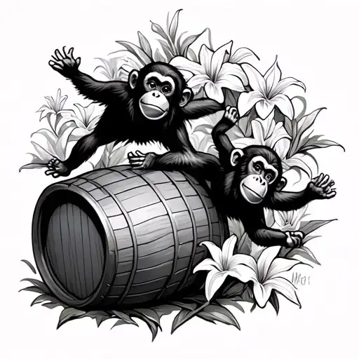 two barrel monkeys falling from a barrel with lily and iris flowers around it tattoo design idea