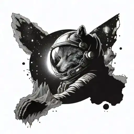 Tattoo on forearm , space in galaxy , big breath taking astronaut in open space , alien hiding behind a rock , wolf is a tattoo design idea