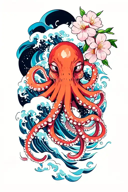 japaense water waves and cherry blossom octopus tentacles wrapped tattoo design idea