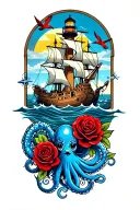 ship on water, lighthouse, anchor with rope, blue octopus, red swallows, red rose, compass, sunset. tattoo design idea