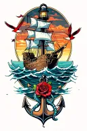 ship on water, lighthouse, anchor with rope, blue octopus, red swallows, red rose, compass, sunset. tattoo design idea