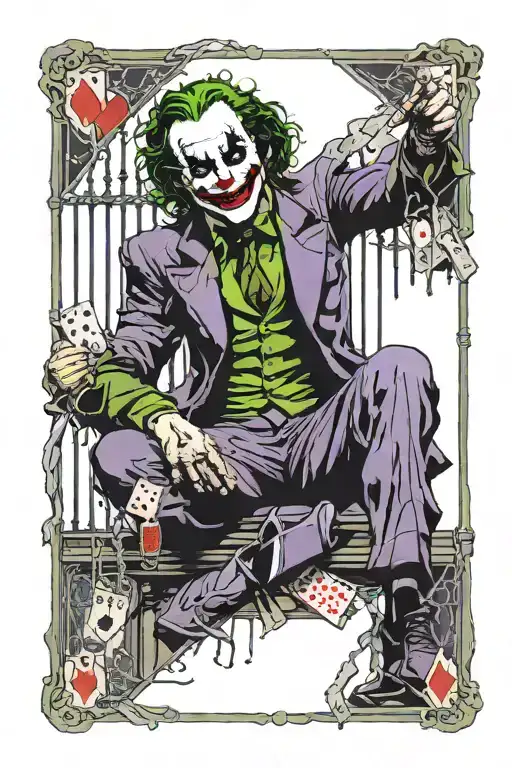 dark knight's joker in jail cell with bars playing with cards  tattoo design idea