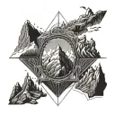 A Group of conquering a mountain as if it was a batle against the mountai  tattoo design idea