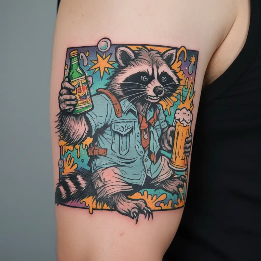 redneck racoon with mullet and a beer bottle tattoo design idea