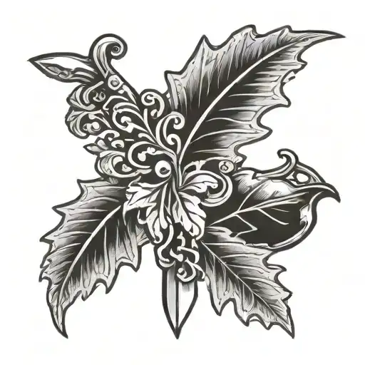 stiletto oak leaves scroll heart in handle of knife tattoo design idea