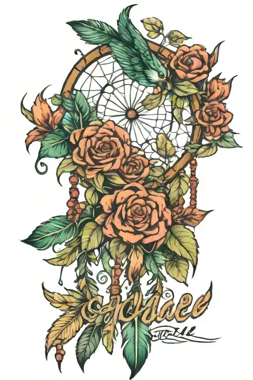 flowers and other nature themed things surrounding a dream catcher with the word "Jade" in script font  tattoo design idea