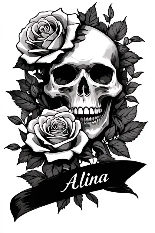 skulls and roses with the name alina tattoo design idea