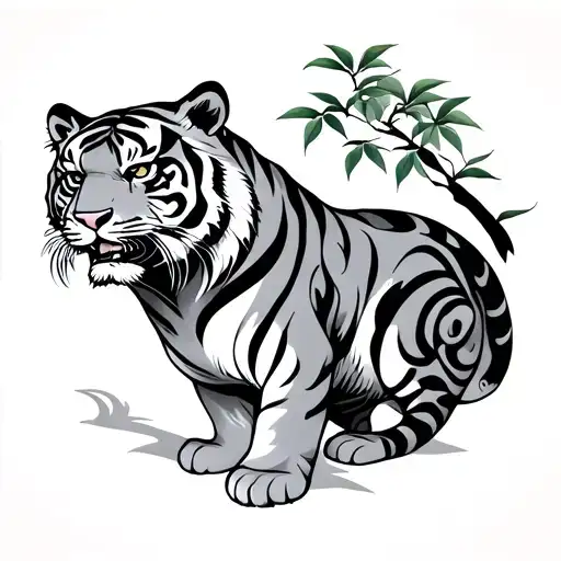 Japanese chateau, bamboo, tiger tattoo design idea