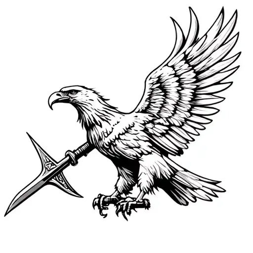 draw a tattoo. an eagle with wings spread between holding a halberd in its talons. Above the eagle is a tattoo design idea