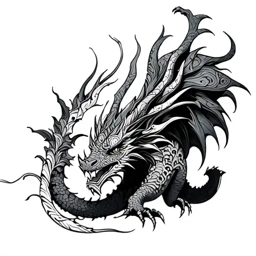 A mystical dragon in a tribal design, incorporating elements of anime aesthetics tattoo design idea