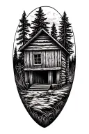old loggers hut, dog out front tattoo design idea