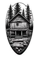 old loggers hut, dog out front tattoo design idea