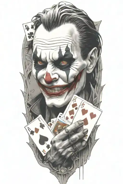 demonic joker with playing cards in hands holding tattoo design idea