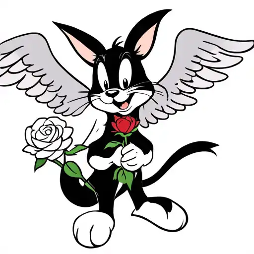 Sylvester cat from loonie tunes animated with angel wings holding a rose tattoo design idea