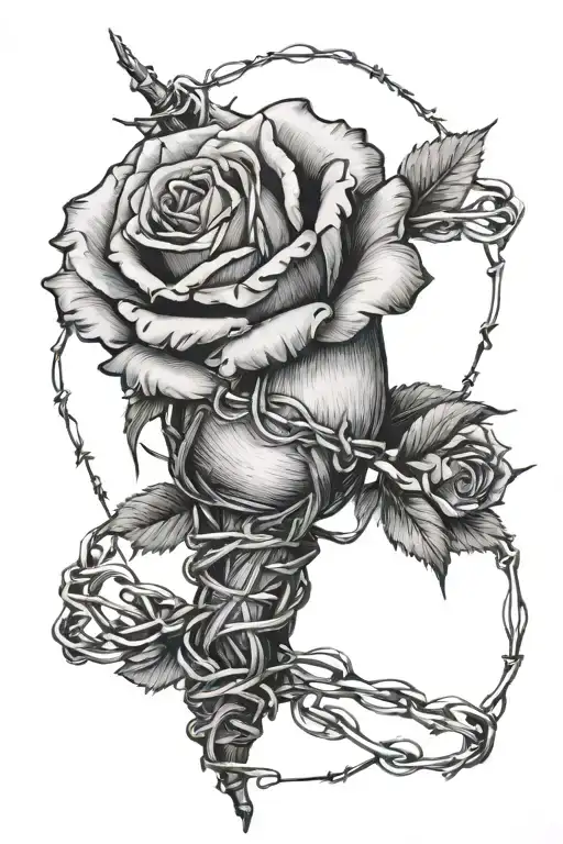 rose wrapped in barbed wire wrapped tattoo design idea