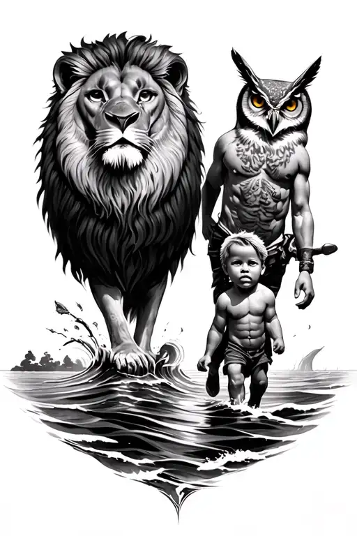 came corso for arm lion shoulder owl inside bicep father and son walking into ocean inside of forearm sleeve. rose hand tattoo design idea