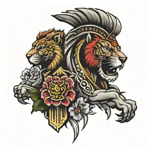 spartan three lions and five dates of birth tattoo design idea