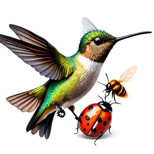 hummingbird with small bee and ladybug tattoo design idea