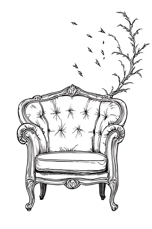 armchair to the right of a willow tree with ash falling in the air tattoo design idea