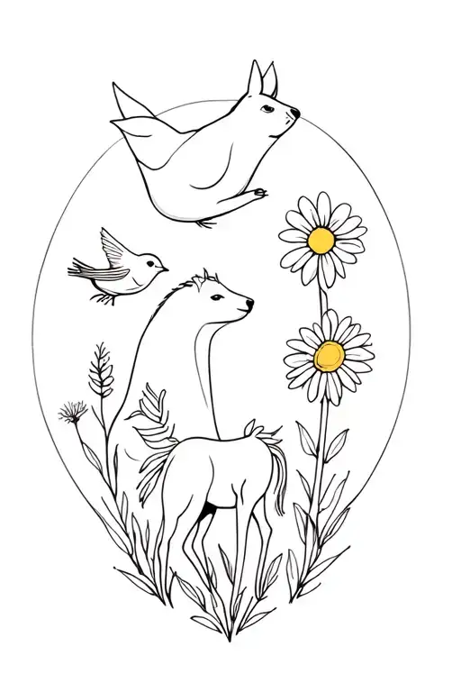 a dog, a sparrow, a daisy and a horse tattoo design idea