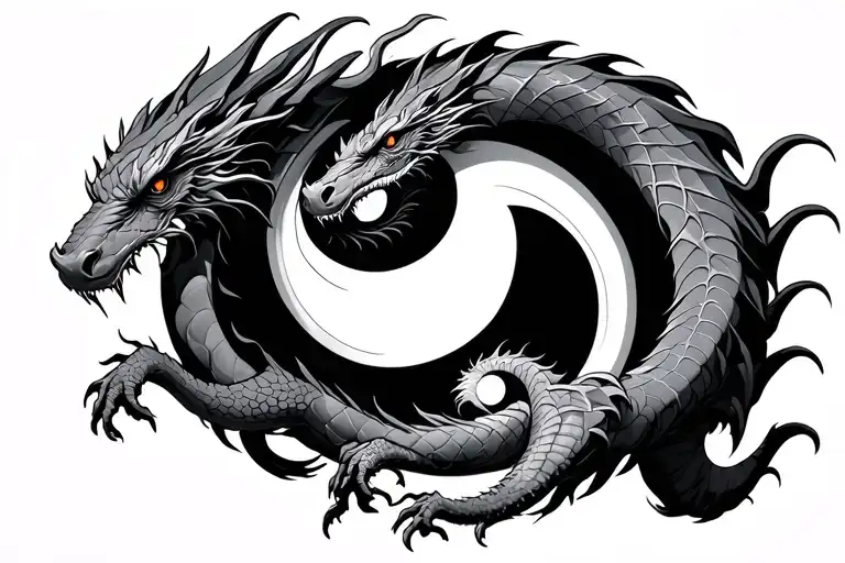 two dragons wrapped tightly in a battle bodies forming a yin yang in a tribal eye shape tattoo design idea