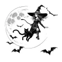 a witch flying with a black cat in the sky with a full moon in the background and bats tattoo design idea