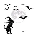 a witch flying with a black cat in the sky with a full moon in the background and bats tattoo design idea