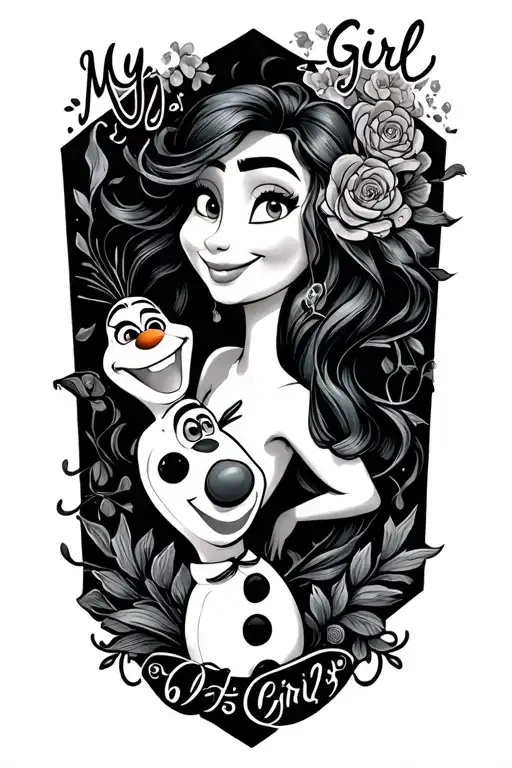 My Girl T in fancy script 01/08/71-02/03/24 with Olaf and dory on the side outlone only tattoo design idea