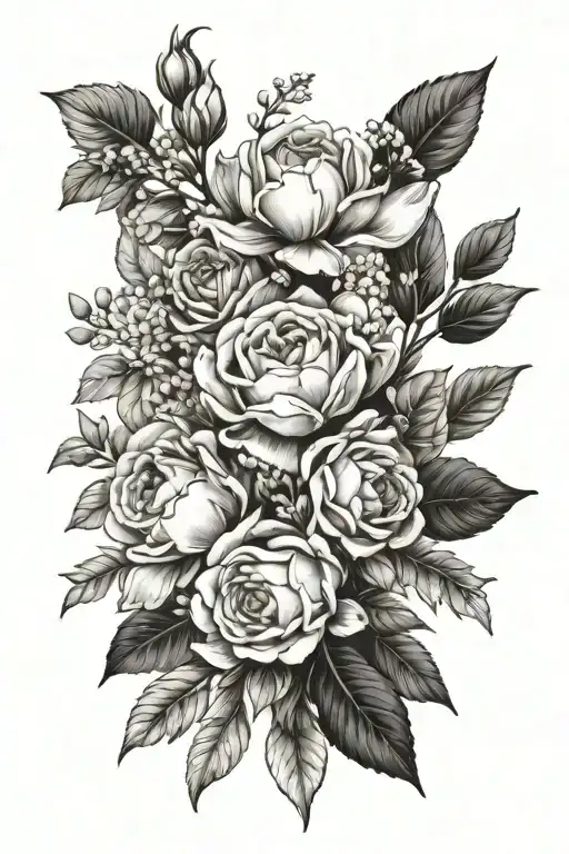 Birth Flower Bouquet with March April July October November and December  tattoo design idea