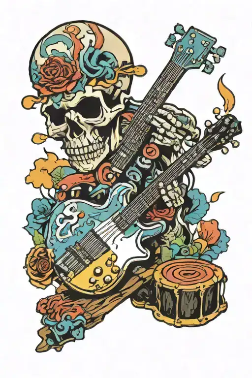Rock skull guitar bass guitar punk rock mountains river sky colour drums lights  tattoo design idea