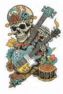 Rock skull guitar bass guitar punk rock mountains river sky colour drums lights  tattoo design idea