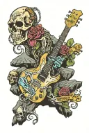 Rock skull guitar bass guitar punk rock mountains river sky colour drums lights  tattoo design idea