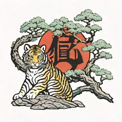 Forest scene with a tiger sitting in a tree in a with a traditional Japanese dragon flying in the background tattoo design idea
