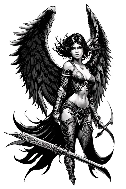 angel wing female warrior tattoo design idea