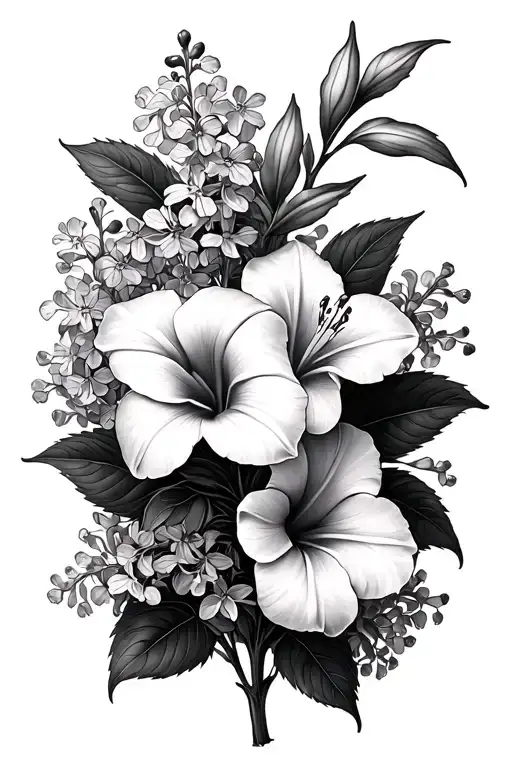 Lilies and lilacs morning glories tattoo design idea