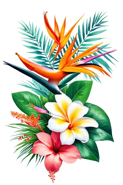floral bouquet with bird of paradise, Hawaiian Hibiscus Anthurium, Plumeria, orchid, pink ginger plant tattoo design idea