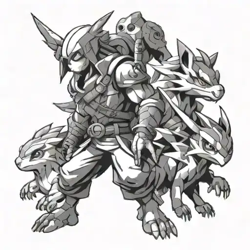 Create a tattoo of an animal-inspired Pokemon team battling against enemies from Assassin's Creed in a black-grey style tattoo design idea